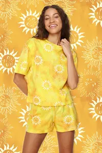 TRENDYOLMİLLA Yellow 100% Cotton Sun Patterned OF shorts Knitting Pajama Set