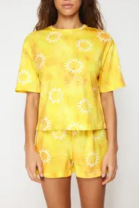 TRENDYOLMİLLA Yellow 100% Cotton Sun Patterned OF shorts Knitting Pajama Set - Image 5