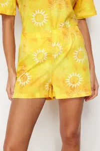 TRENDYOLMİLLA Yellow 100% Cotton Sun Patterned OF shorts Knitting Pajama Set - Image 7