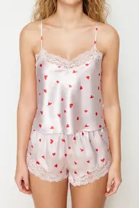 TRENDYOLMİLLA Powder Pink Heart Lace Back Detailed Rope Sleeveless Satin OF shorts Weaving Pajama Set - Image 5