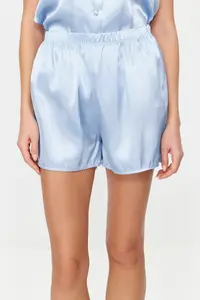 TRENDYOLMİLLA Mavi Satin OF shorts Weaving Pajama Set - Image 5
