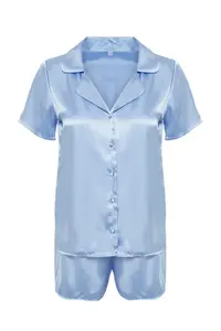 TRENDYOLMİLLA Mavi Satin OF shorts Weaving Pajama Set - Image 8
