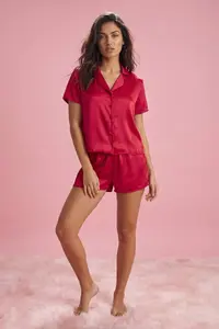 TRENDYOLMİLLA Burgundy Satin OF shorts Weaving Pajama Set - Image 3
