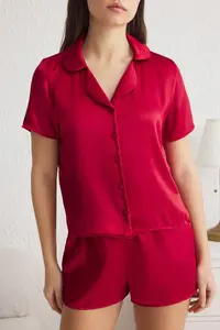 TRENDYOLMİLLA Burgundy Satin OF shorts Weaving Pajama Set - Image 6