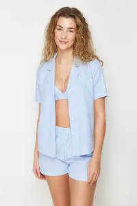 TRENDYOLMİLLA Mavi 3 Sets Dowry Set Striped Rope Sleeveless Poplin Bra-Shirt-OF shorts Weaving Pajama Set - Image 2