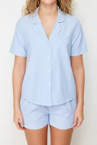 TRENDYOLMİLLA Mavi 3 Sets Dowry Set Striped Rope Sleeveless Poplin Bra-Shirt-OF shorts Weaving Pajama Set - Image 4