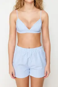 TRENDYOLMİLLA Mavi 3 Sets Dowry Set Striped Rope Sleeveless Poplin Bra-Shirt-OF shorts Weaving Pajama Set - Image 5