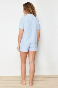 TRENDYOLMİLLA Mavi 3 Sets Dowry Set Striped Rope Sleeveless Poplin Bra-Shirt-OF shorts Weaving Pajama Set - Image 6