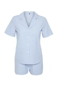 TRENDYOLMİLLA Mavi 3 Sets Dowry Set Striped Rope Sleeveless Poplin Bra-Shirt-OF shorts Weaving Pajama Set - Image 7