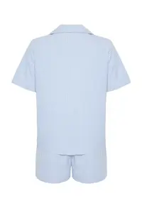 TRENDYOLMİLLA Mavi 3 Sets Dowry Set Striped Rope Sleeveless Poplin Bra-Shirt-OF shorts Weaving Pajama Set - Image 8