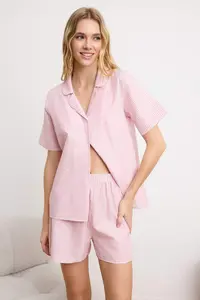 TRENDYOLMİLLA Pink 3 Sets Dowry Set Striped Rope Sleeveless Poplin Bra-Shirt-OF shorts Weaving Pajama Set - Image 2