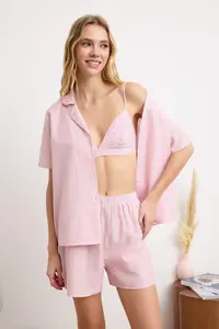 TRENDYOLMİLLA Pink 3 Sets Dowry Set Striped Rope Sleeveless Poplin Bra-Shirt-OF shorts Weaving Pajama Set - Image 3