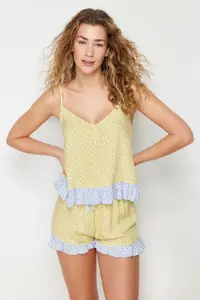TRENDYOLMİLLA Yellow-Multicolored Polka Dot Frilly Rope Sleeveless Viscose OF shorts Weaving Pajama Set - Image 2