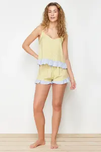 TRENDYOLMİLLA Yellow-Multicolored Polka Dot Frilly Rope Sleeveless Viscose OF shorts Weaving Pajama Set - Image 3
