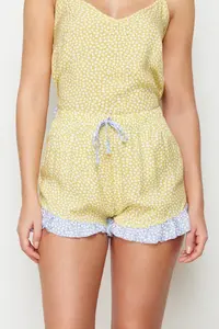 TRENDYOLMİLLA Yellow-Multicolored Polka Dot Frilly Rope Sleeveless Viscose OF shorts Weaving Pajama Set - Image 6