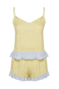 TRENDYOLMİLLA Yellow-Multicolored Polka Dot Frilly Rope Sleeveless Viscose OF shorts Weaving Pajama Set - Image 7