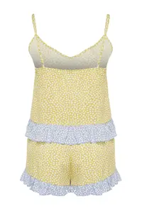 TRENDYOLMİLLA Yellow-Multicolored Polka Dot Frilly Rope Sleeveless Viscose OF shorts Weaving Pajama Set - Image 8