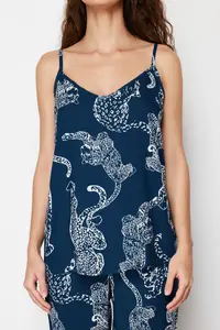 TRENDYOLMİLLA Navy Blue Kaplan Patterned Rope Sleeveless Viscose Weaving Pajama Set - Image 4