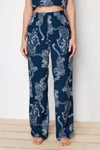 TRENDYOLMİLLA Navy Blue Kaplan Patterned Rope Sleeveless Viscose Weaving Pajama Set - Image 5