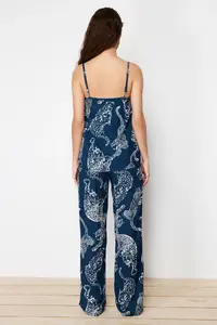 TRENDYOLMİLLA Navy Blue Kaplan Patterned Rope Sleeveless Viscose Weaving Pajama Set - Image 6