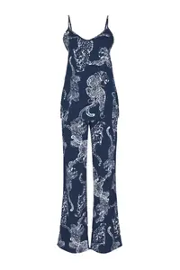 TRENDYOLMİLLA Navy Blue Kaplan Patterned Rope Sleeveless Viscose Weaving Pajama Set - Image 7