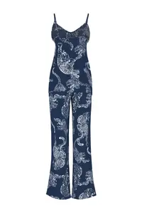 TRENDYOLMİLLA Navy Blue Kaplan Patterned Rope Sleeveless Viscose Weaving Pajama Set - Image 8