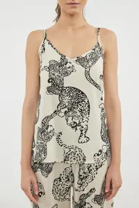 TRENDYOLMİLLA Cream Kaplan Patterned Rope Sleeveless Viscose Weaving Pajama Set - Image 3