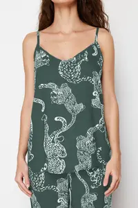 TRENDYOLMİLLA Green Kaplan Patterned Rope Sleeveless Viscose Weaving Pajama Set - Image 5