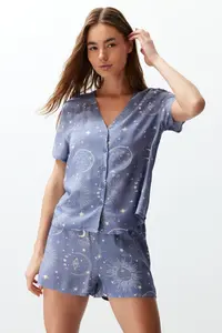 TRENDYOLMİLLA Women Couple Blue Galaxy Patterned Viscose OF shorts Weaving Pajama Set - Image 3