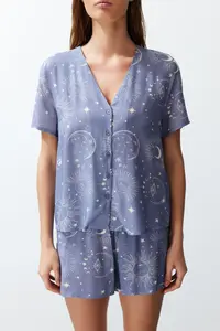 TRENDYOLMİLLA Women Couple Blue Galaxy Patterned Viscose OF shorts Weaving Pajama Set - Image 5