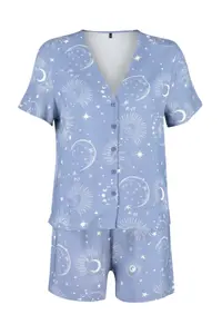 TRENDYOLMİLLA Women Couple Blue Galaxy Patterned Viscose OF shorts Weaving Pajama Set - Image 8