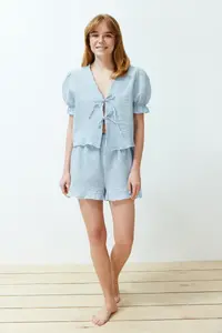 TRENDYOLMİLLA Mavi textured Gingham Lacing/Ribbon/Bow Detailed OF shorts Weaving Pajama Set - Image 3