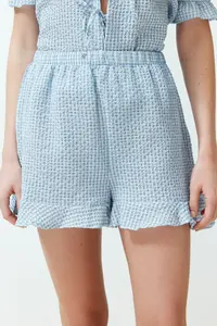 TRENDYOLMİLLA Mavi textured Gingham Lacing/Ribbon/Bow Detailed OF shorts Weaving Pajama Set - Image 5