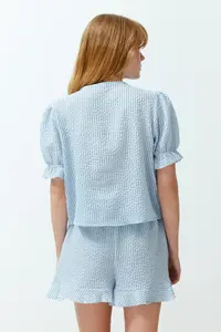 TRENDYOLMİLLA Mavi textured Gingham Lacing/Ribbon/Bow Detailed OF shorts Weaving Pajama Set - Image 6