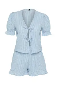 TRENDYOLMİLLA Mavi textured Gingham Lacing/Ribbon/Bow Detailed OF shorts Weaving Pajama Set - Image 7