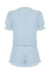 TRENDYOLMİLLA Mavi textured Gingham Lacing/Ribbon/Bow Detailed OF shorts Weaving Pajama Set - Image 8