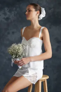 TRENDYOLMİLLA Bride/Bridal White Lace Ribbon/with bow with buckle Satin OF shorts Weaving Pajama Set - Image 2