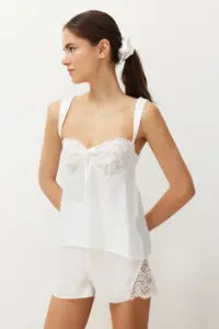 TRENDYOLMİLLA Bride/Bridal White Lace Ribbon/with bow with buckle Satin OF shorts Weaving Pajama Set - Image 3