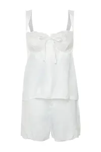 TRENDYOLMİLLA Bride/Bridal White Lace Ribbon/with bow with buckle Satin OF shorts Weaving Pajama Set - Image 7