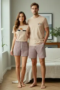 TRENDYOLMİLLA Women Couple Multicolored 100% Cotton Teddy Bear Striped OF shorts Knitting Pajama Set