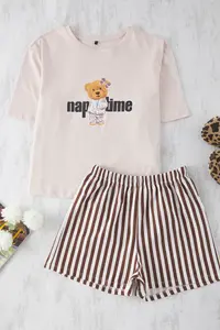 TRENDYOLMİLLA Women Couple Multicolored 100% Cotton Teddy Bear Striped OF shorts Knitting Pajama Set - Image 2