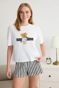 TRENDYOLMİLLA Women Couple White 100% Cotton Teddy Bear Striped OF shorts Knitting Pajama Set - Image 2