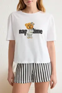 TRENDYOLMİLLA Women Couple White 100% Cotton Teddy Bear Striped OF shorts Knitting Pajama Set - Image 4