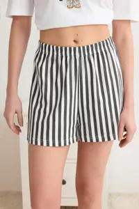 TRENDYOLMİLLA Women Couple White 100% Cotton Teddy Bear Striped OF shorts Knitting Pajama Set - Image 5