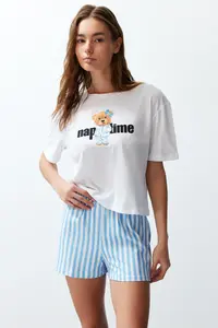 TRENDYOLMİLLA Women Couple White 100% Cotton Teddy Bear Striped OF shorts Knitting Pajama Set - Image 2