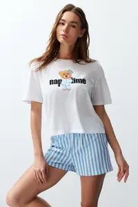 TRENDYOLMİLLA Women Couple White 100% Cotton Teddy Bear Striped OF shorts Knitting Pajama Set - Image 3