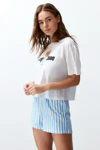 TRENDYOLMİLLA Women Couple White 100% Cotton Teddy Bear Striped OF shorts Knitting Pajama Set - Image 4