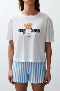 TRENDYOLMİLLA Women Couple White 100% Cotton Teddy Bear Striped OF shorts Knitting Pajama Set - Image 5
