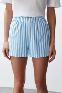 TRENDYOLMİLLA Women Couple White 100% Cotton Teddy Bear Striped OF shorts Knitting Pajama Set - Image 6