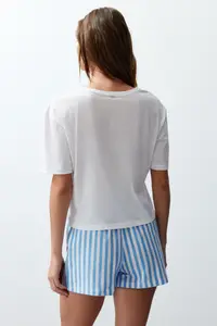 TRENDYOLMİLLA Women Couple White 100% Cotton Teddy Bear Striped OF shorts Knitting Pajama Set - Image 7